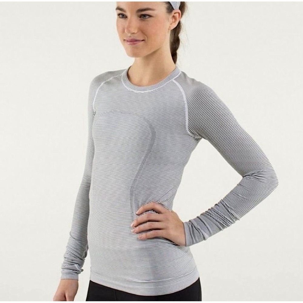 Lululemon Swiftly Tech Long Sleeve Striped Top Gray Crew Neck Top Active 12